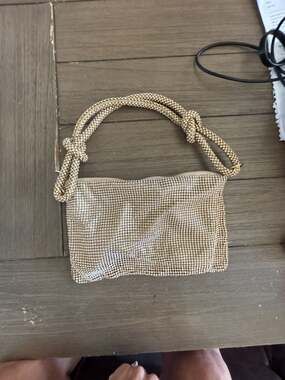 Gold Rhinestone Mesh Slouchy Shoulder Bag with Knotted Handles